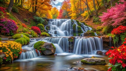 waterfall in autumn forest with colorful flowers. Autumn Wallpaper, Nature Wallpaper