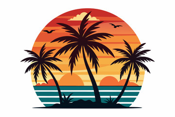 Tropical sunset with palm trees vector illustration, Retro and vintage summer vibes t-shirt design with palm tree
