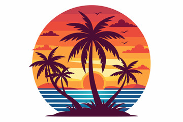 Tropical sunset with palm trees vector illustration, Retro and vintage summer vibes t-shirt design with palm tree
