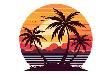 Tropical sunset with palm trees vector illustration, Retro and vintage summer vibes t-shirt design with palm tree
