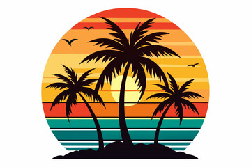 Tropical sunset with palm trees vector illustration, Retro and vintage summer vibes t-shirt design with palm tree
