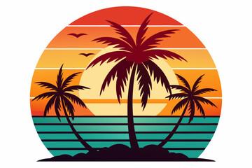 Tropical sunset with palm trees vector illustration, Retro and vintage summer vibes t-shirt design with palm tree
