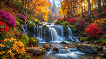 waterfall in autumn forest with colorful flowers. Autumn Wallpaper, Nature Wallpaper