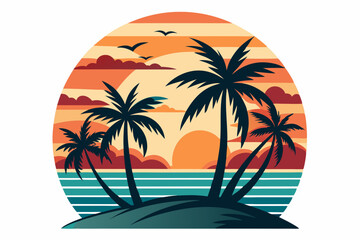 Tropical sunset with palm trees vector illustration, Retro and vintage summer vibes t-shirt design with palm tree
