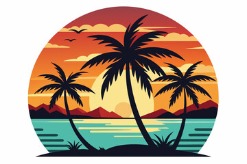 Tropical sunset with palm trees vector illustration, Retro and vintage summer vibes t-shirt design with palm tree

