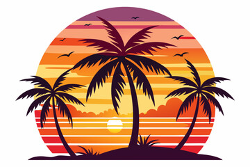 Tropical sunset with palm trees vector illustration, Retro and vintage summer vibes t-shirt design with palm tree

