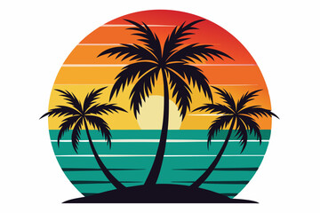 Tropical sunset with palm trees vector illustration, Retro and vintage summer vibes t-shirt design with palm tree
