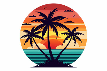 Tropical sunset with palm trees vector illustration, Retro and vintage summer vibes t-shirt design with palm tree
