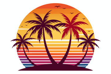 Tropical sunset with palm trees vector illustration, Retro and vintage summer vibes t-shirt design with palm tree
