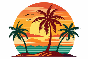 Tropical sunset with palm trees vector illustration, Retro and vintage summer vibes t-shirt design with palm tree
