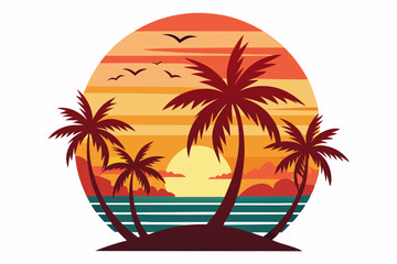 Tropical sunset with palm trees vector illustration, Retro and vintage summer vibes t-shirt design with palm tree
