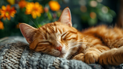 Naklejka premium A ginger cat peacefully sleeping on a cozy blanket with flowers, radiating warmth and tranquility