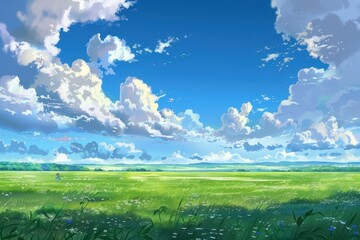 Fototapeta premium Beautiful scenic landscape with green grass field, fluffy clouds in a blue sky, and a tiny silhouette of a person walking in the distance. Concept of freedom, peace, serenity, and nature.