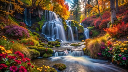 waterfall in autumn forest with colorful flowers. Autumn Wallpaper, Nature Wallpaper