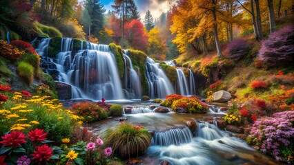 waterfall in autumn forest with colorful flowers. Autumn Wallpaper, Nature Wallpaper