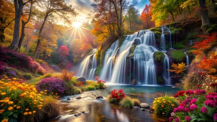 Naklejka premium waterfall in autumn forest with colorful flowers. Autumn Wallpaper, Nature Wallpaper