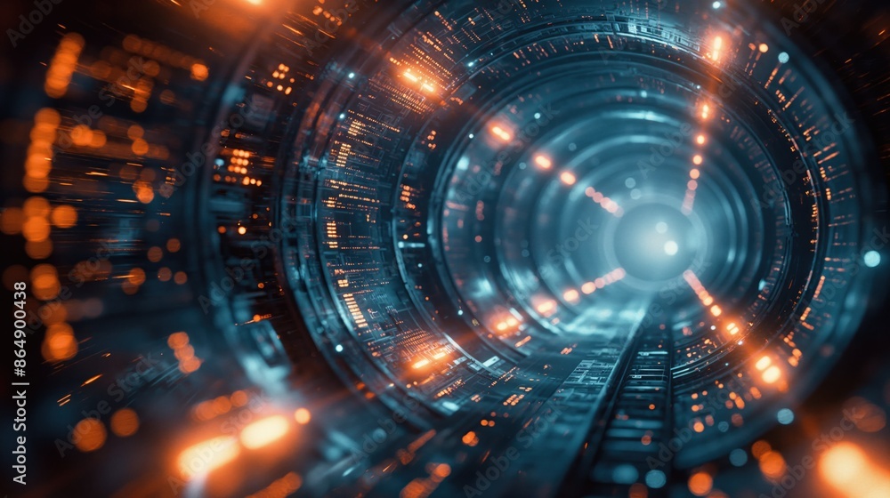 Aufkleber futuristic technology tunnel with glowing lights and digital patterns background.