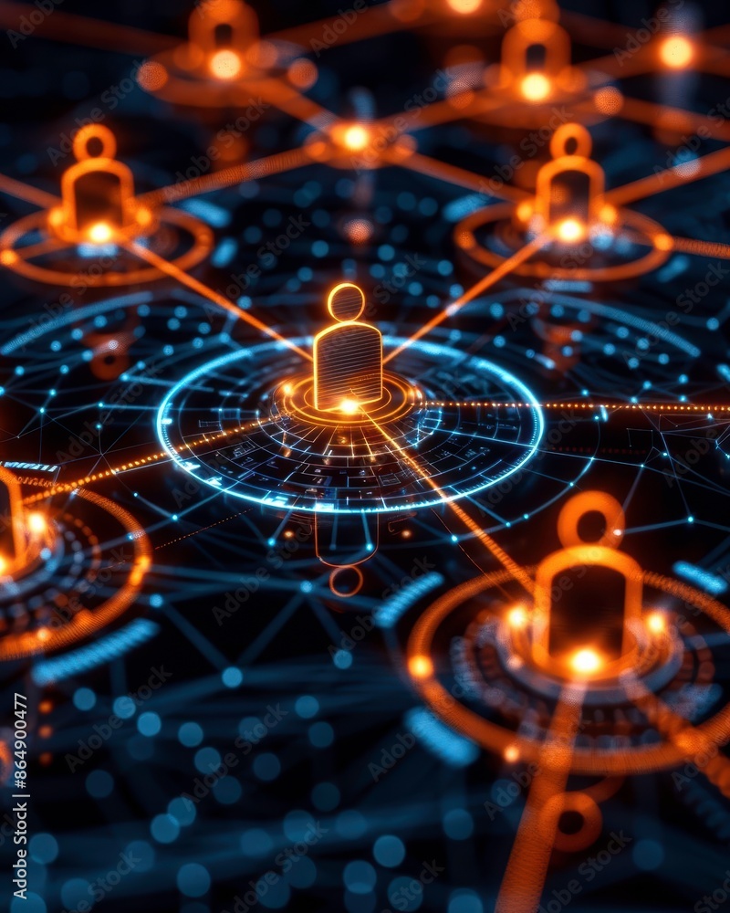 Poster futuristic digital network with interconnected glowing nodes symbolizing blockchain technology and s