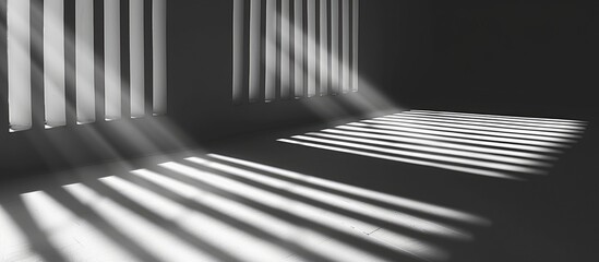 Abstract background of gray shadows and light blending on a white wall through a window. Architectural stripes casting dark shadows indoors, creating a monochrome black and white room ambiance.