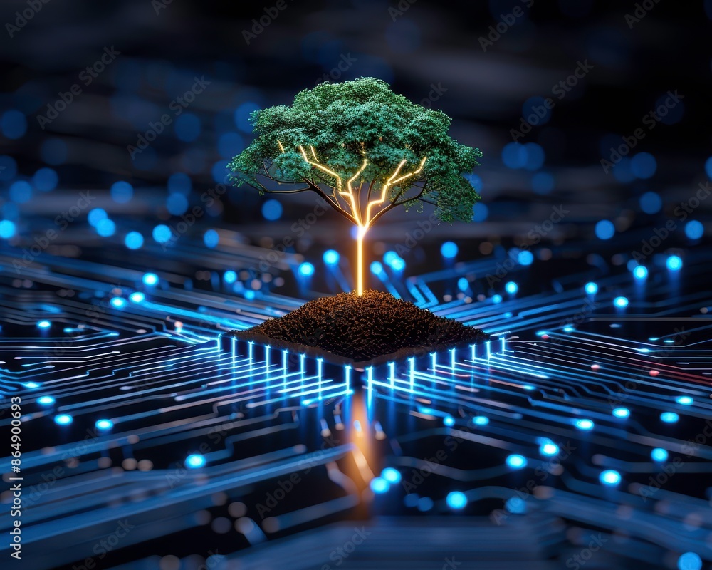 Poster tree growing on a digital circuit board, symbolizing the blend of nature and technology in a futuris