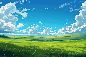 Obraz premium Beautiful landscape of a green field with a blue sky and white fluffy clouds. Scenic and natural scenery perfect for wallpaper, background, or print.