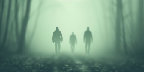 Three mysterious figures walking through a foggy forest, creating an eerie and suspenseful atmosphere, perfect for horror or thriller themes.