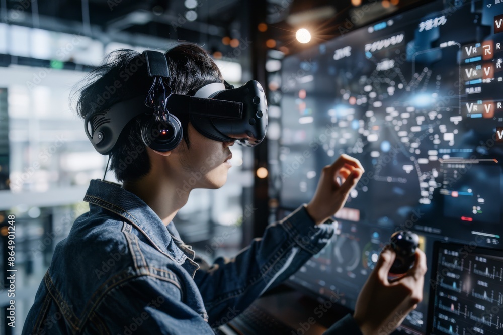 Poster man using vr headset in a futuristic control room, exploring advanced virtual reality and immersive 