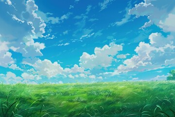 Obraz premium Wide shot of a lush green meadow under a bright blue sky with fluffy white clouds. Tranquil summer landscape for background or wallpaper. Nature photography.