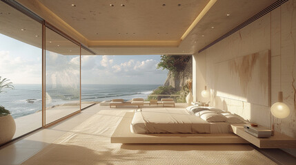 Minimalist bedroom with large windows and ocean view.