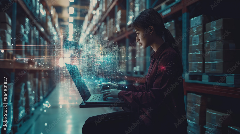Poster warehouse worker using laptop with artificial intelligence technology. concept of digital inventory 