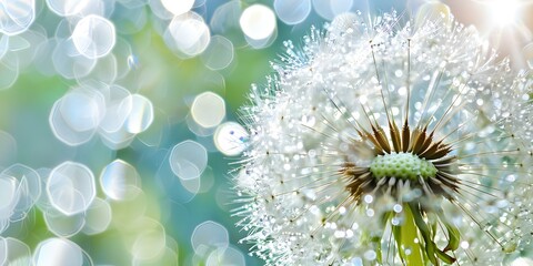 Close-up of a dandelion with water droplets creating an artistic nature backdrop. Concept Nature Photography, Macro Shots, Water Droplets, Dandelion, Artistic Backdrop