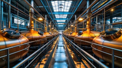 Modern Brewery Production Facility With Shiny Kettles