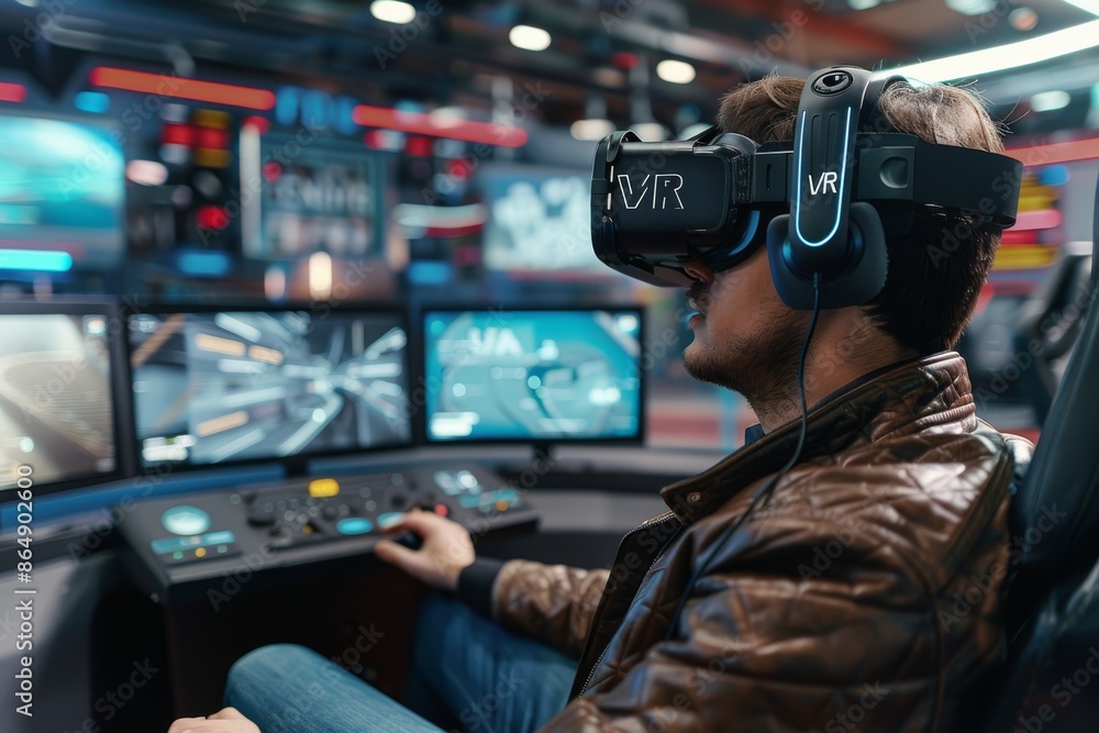 Poster man using vr headset in a control room, experiencing immersive virtual reality and advanced digital 