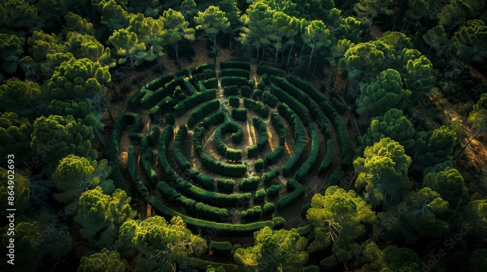 Poster a circular maze surrounded by trees in the middle of a forest. ai.