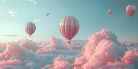 Easterthemed hot air balloons soar above marshmallow clouds in whimsical sky. Concept Easter Photoshoot, Hot Air Balloons, Whimsical Sky, Marshmallow Clouds, Spring Theme