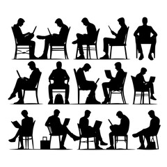 Silhouette of sitting people, large collection, sitting man and girl