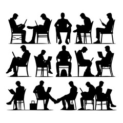 Silhouette of sitting people, large collection, sitting man and girl