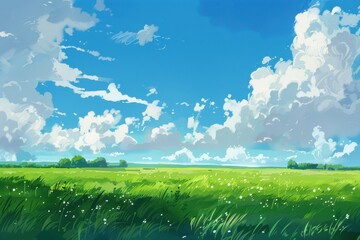 Fototapeta premium Beautiful green grassy field with a blue sky and fluffy white clouds. A scenic landscape in a digital painting style.