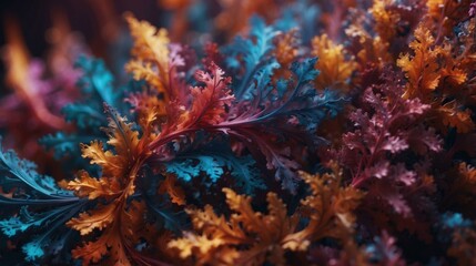 A close up of a colorful plant with many leaves. AI.