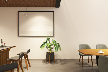 3d render of frame mock up in modern dining room and pantry. Gray cement floor, white wall and wood ceiling. Set 16