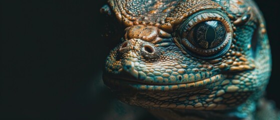 Fototapeta premium A close up of a lizard's face with its eyes open. AI.