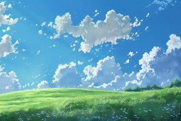 Green field with white clouds and blue sky. Natural landscape background with green grass and puffy white clouds. Concept of nature, summer, and tranquility