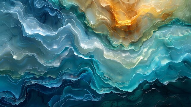 Abstract mural with ocean waves, stylized flowing waves in vibrant blues and greens, modern art style, 16:9 ratio.