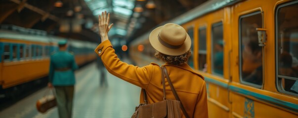 A traveler in a yellow coat waves farewell to a departing train at a bustling station, illustrating travel and goodbyes