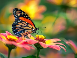 Obraz premium A butterfly sitting on top of a pink and yellow flower. AI.