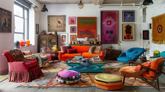 Eccentric living room with colorful, mismatched furniture and unconventional art pieces