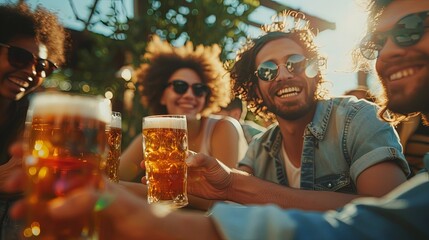 Close friends are toasting with beers during a beautiful sunset outdoors, capturing a moment of pure joy, laughter, and the celebration of their strong bond and friendship.