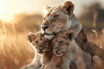 A lioness and cubs in a field of tall grass. AI.