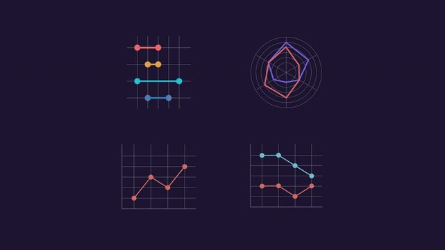Linear charts animations. Data graphs animated elements. Moving dots, rectangles. Dumbbell plot infographic. Isolated color illustrations on dark background. Transition alpha. HD video. Icon pack