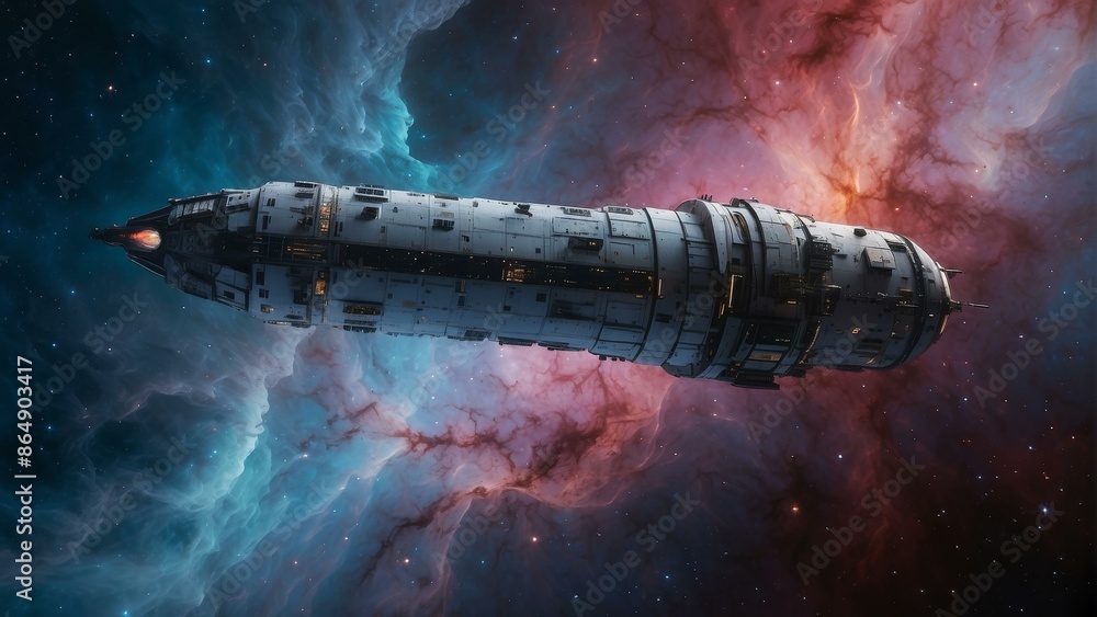 Poster a spaceship is floating in space with a nebula behind it. ai.